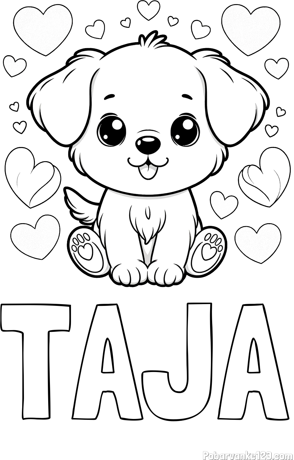Pobarvanka imena TAJA in pobarvanka ljubkega kužka obdanega s srčki