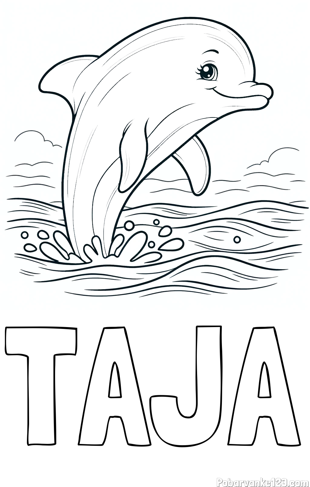 Pobarvanka imena TAJA in pobarvanka nasmejanega delfina v  skoku