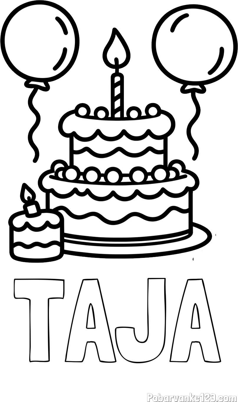 Pobarvanka imena TAJA in pobarvanka velike rojstnodnevne torte