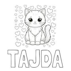 Pobarvanka imena TAJDA in pobarvanka ljubke mucke obdane s srčki