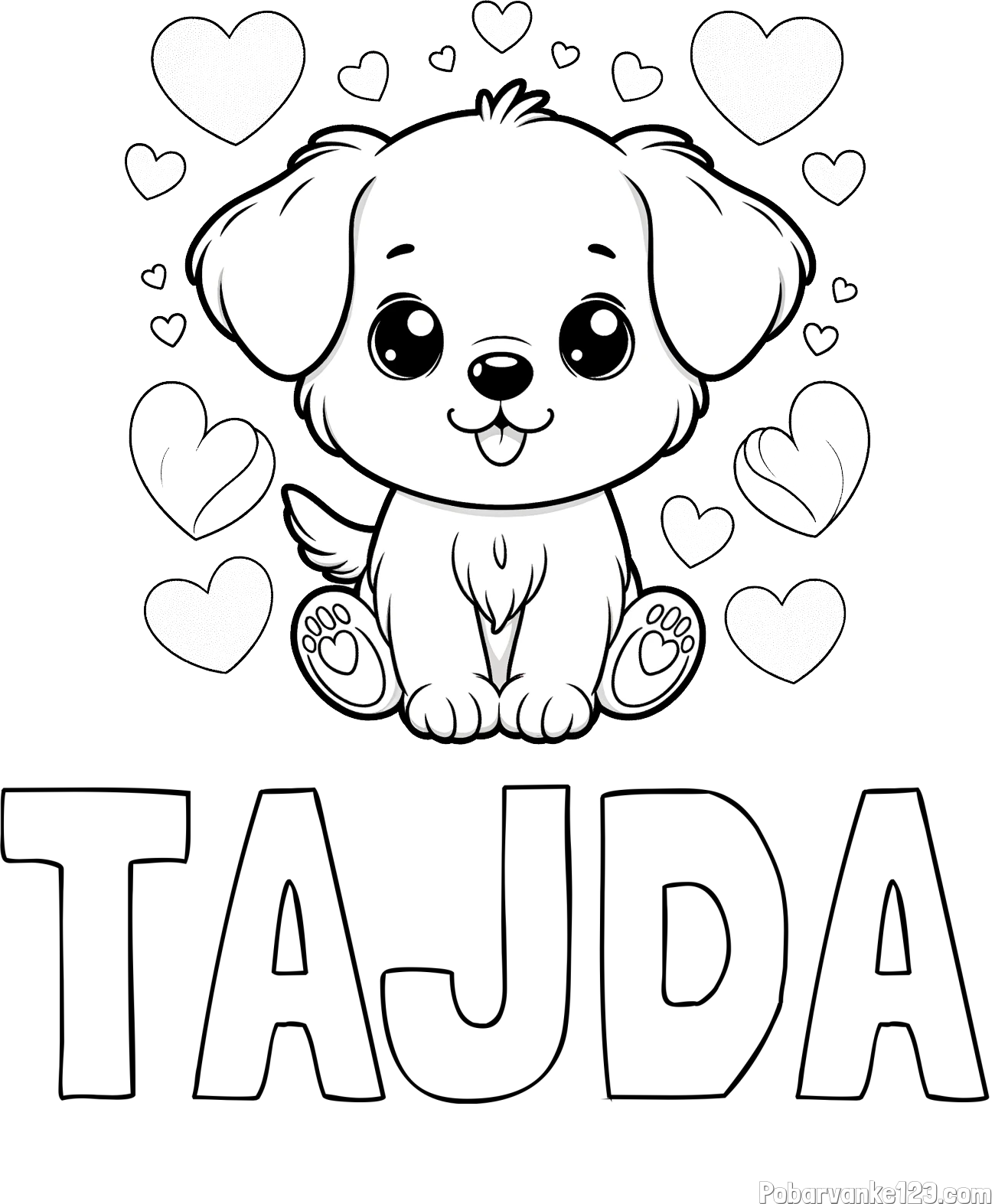 Pobarvanka imena TAJDA in pobarvanka ljubkega kužka obdanega s srčki
