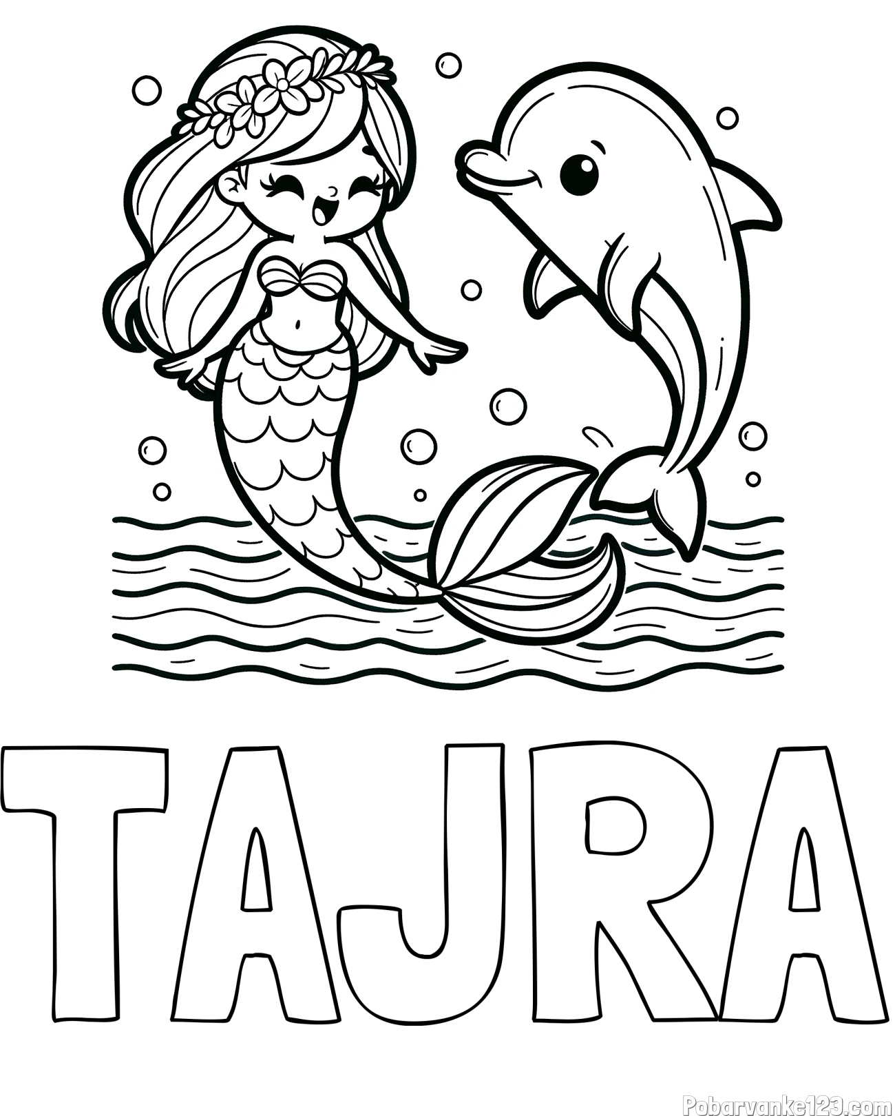 Pobarvanka imena TAJRA in pobarvanka ljubke morske deklice, ki pleše z delfinom