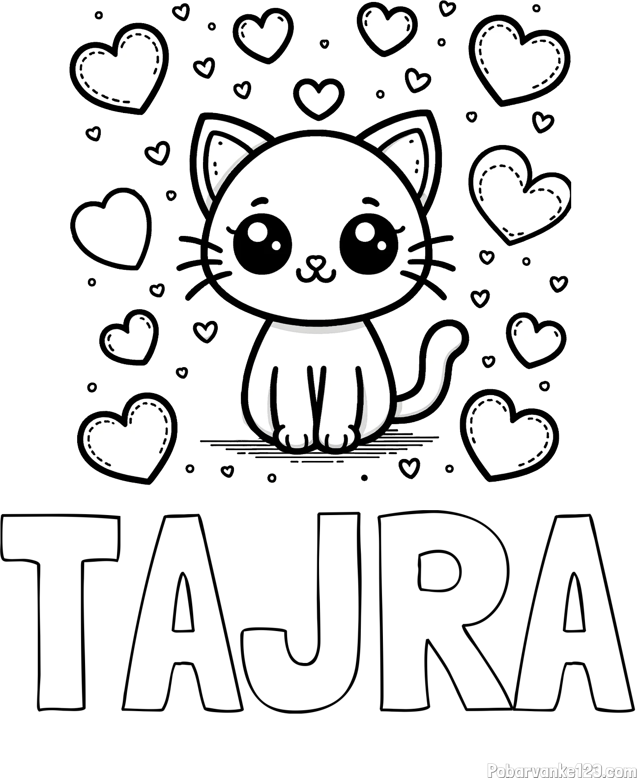 Pobarvanka imena TAJRA in pobarvanka ljubke mucke obdane z veliko srčki