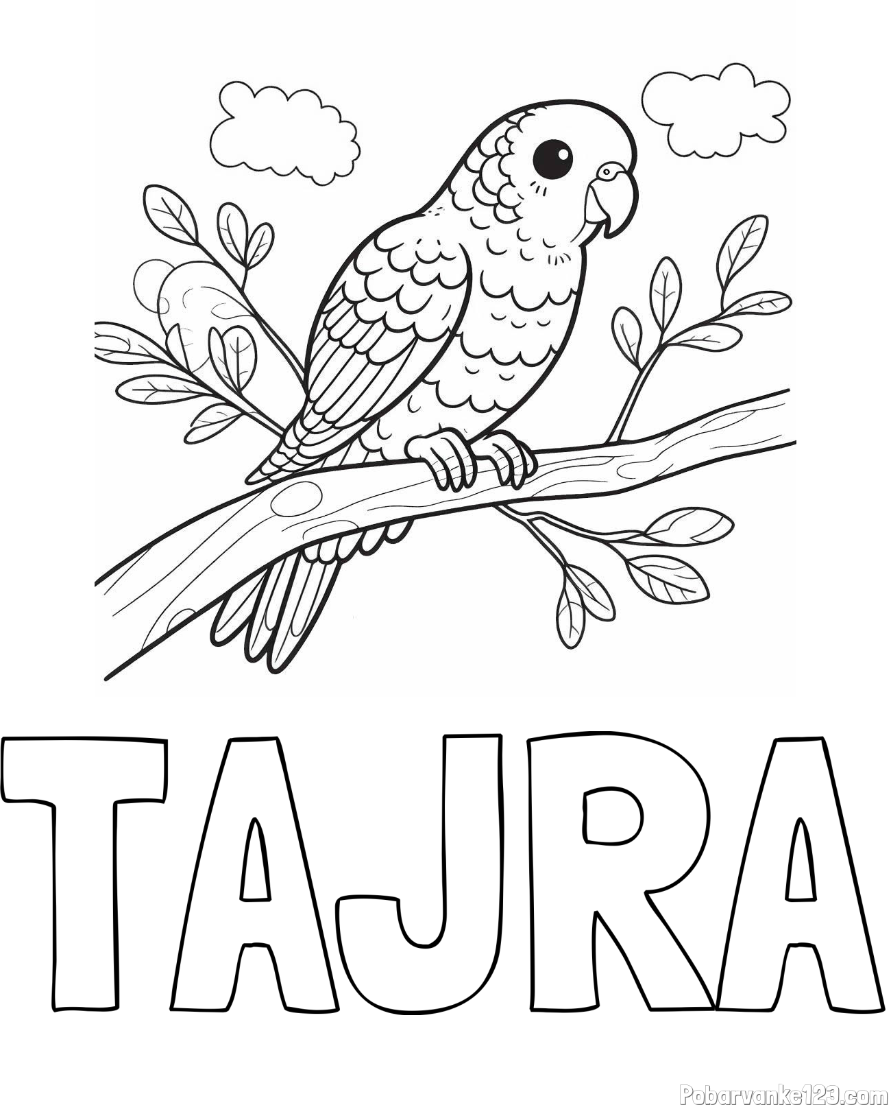 Pobarvanka imena TAJRA in pobarvanka ljubkega kanarčka na veji