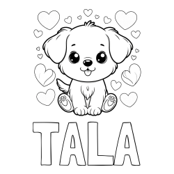 Online izdelana pobarvanka - Pobarvanka imena TALA in pobarvanka ljubkega kužka obdanega s srčki