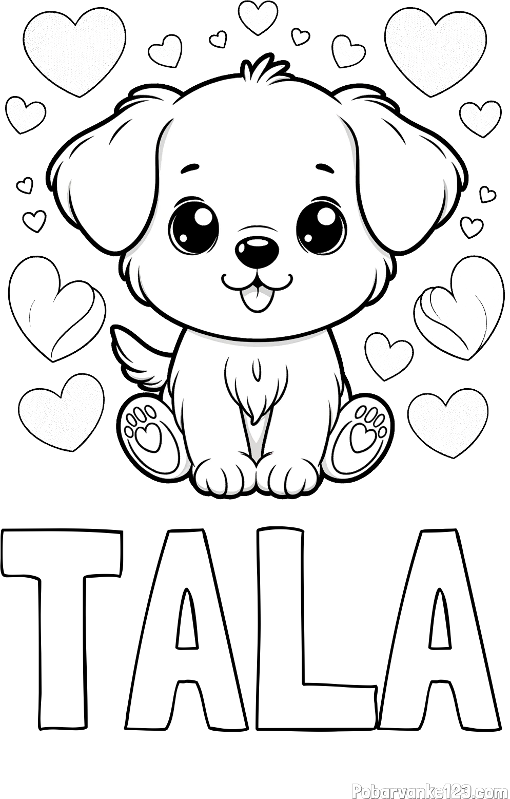 Pobarvanka imena TALA in pobarvanka ljubkega kužka obdanega s srčki