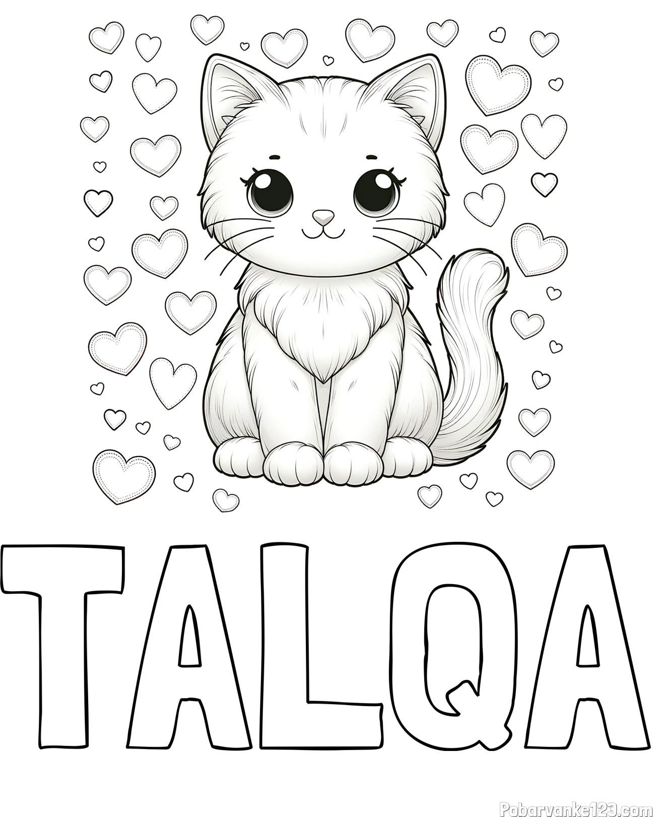 Pobarvanka imena TALQA in pobarvanka ljubke mucke obdane s srčki