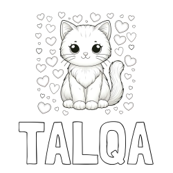 Online izdelana pobarvanka - Pobarvanka imena TALQA in pobarvanka ljubke mucke obdane s srčki