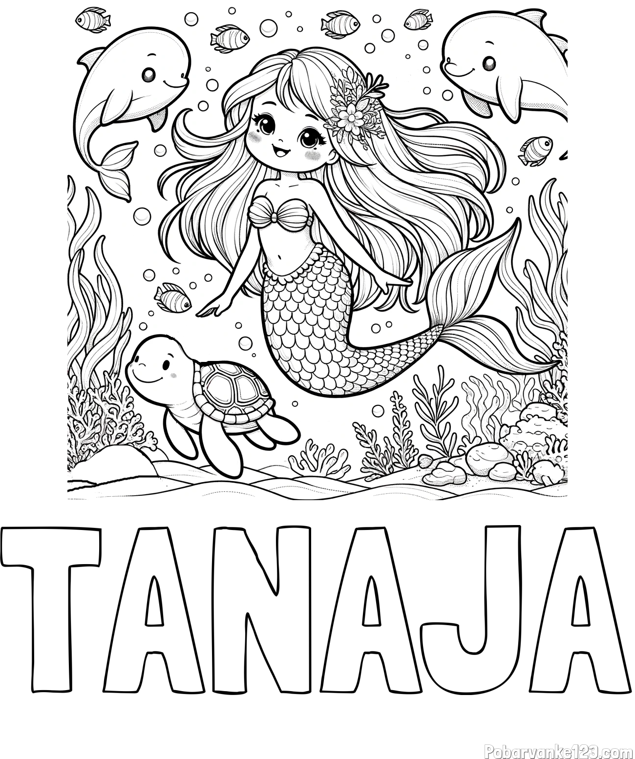 Pobarvanka imena TANAJA in pobarvana ljubke morske deklice s prijatelji