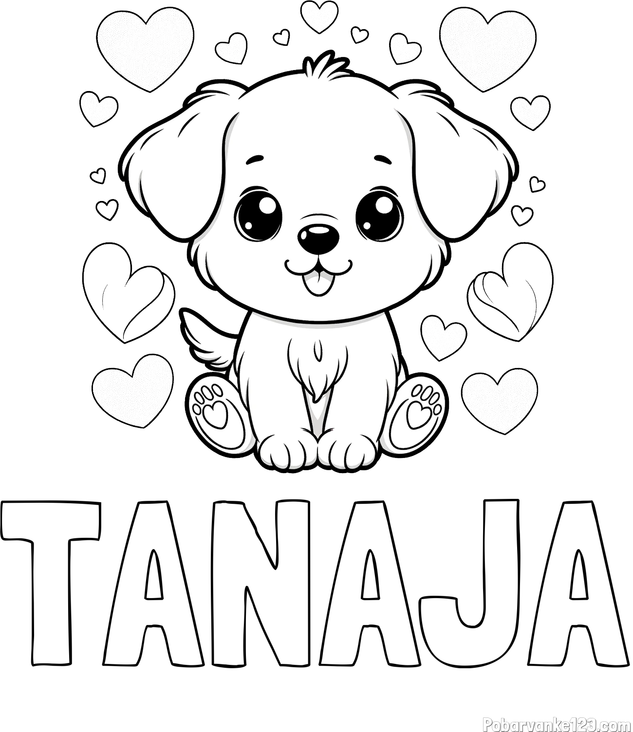 Pobarvanka imena TANAJA in pobarvanka ljubkega kužka obdanega s srčki