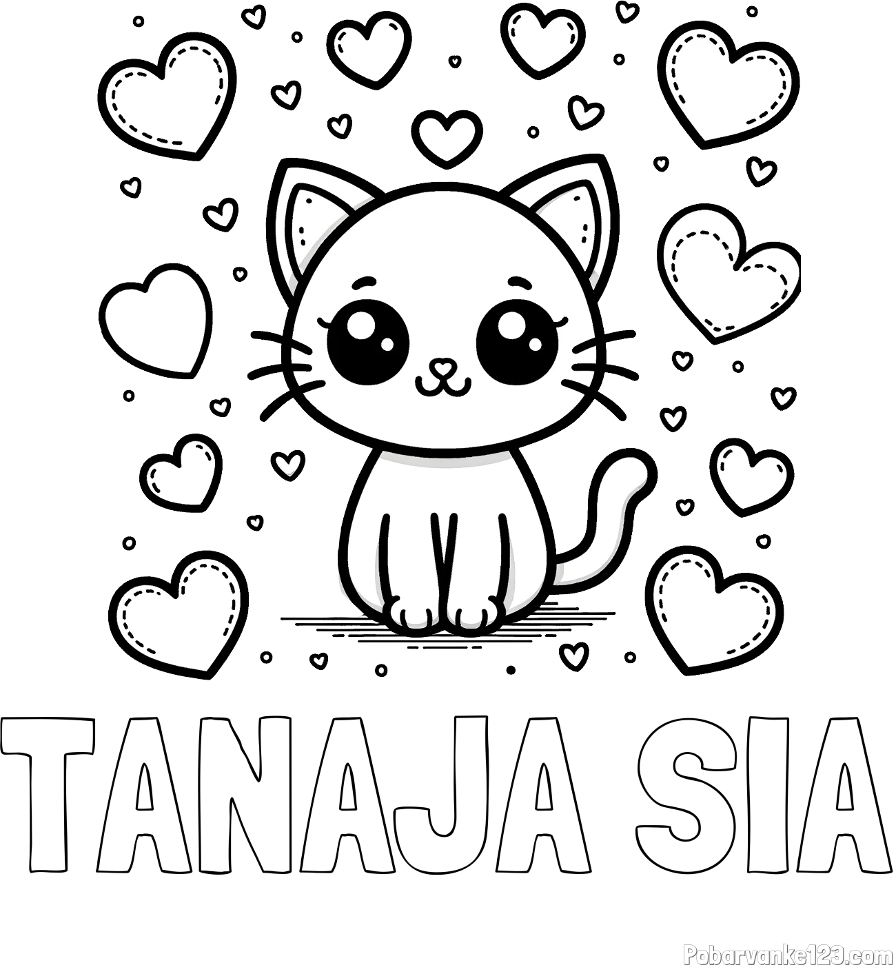 Pobarvanka imena TANAJA SIA in pobarvanka ljubke mucke obdane z veliko srčki