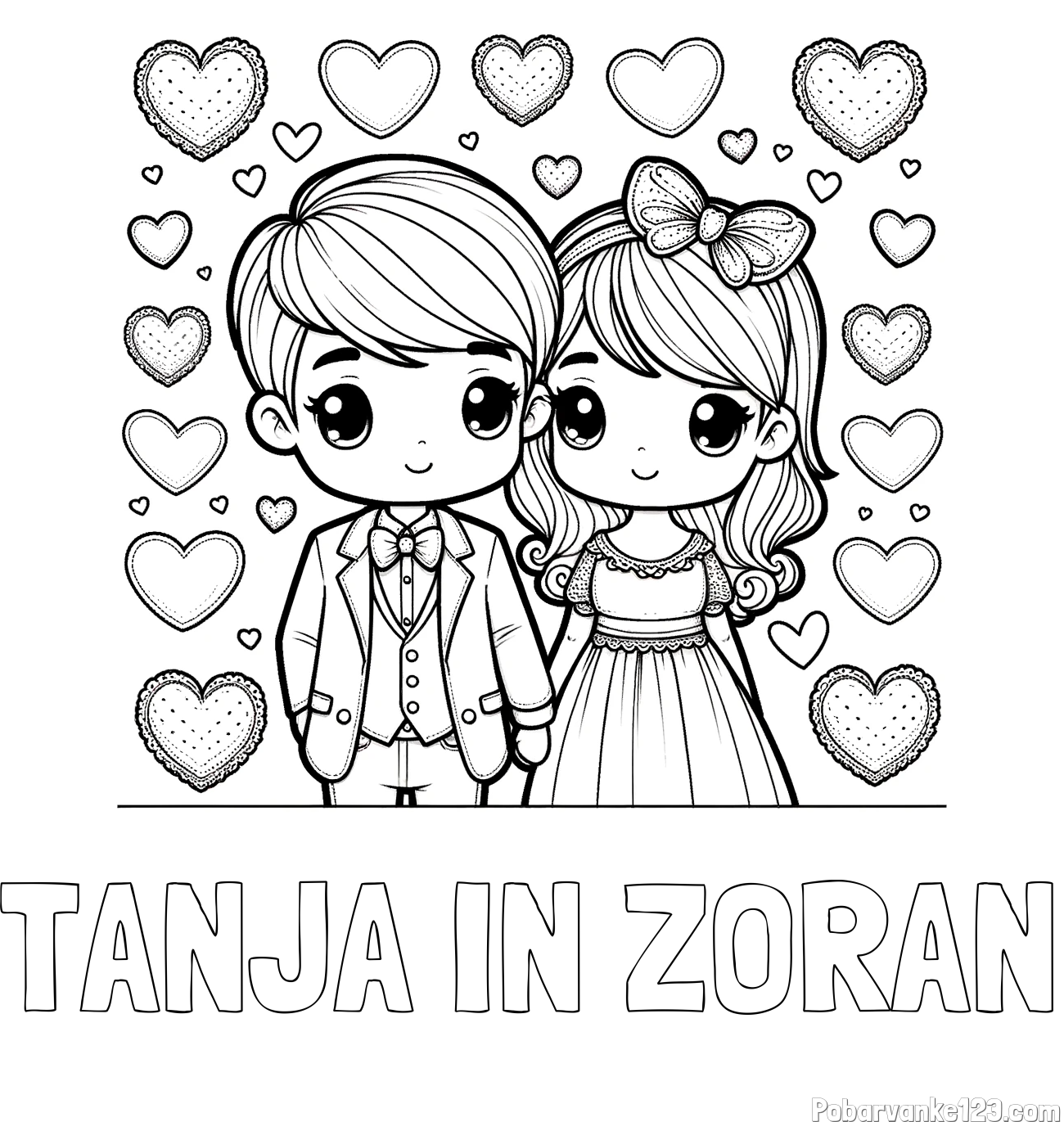 Pobarvanka imena TANJA IN ZORAN in pobarvanka dveh zaljubljencev s srčki