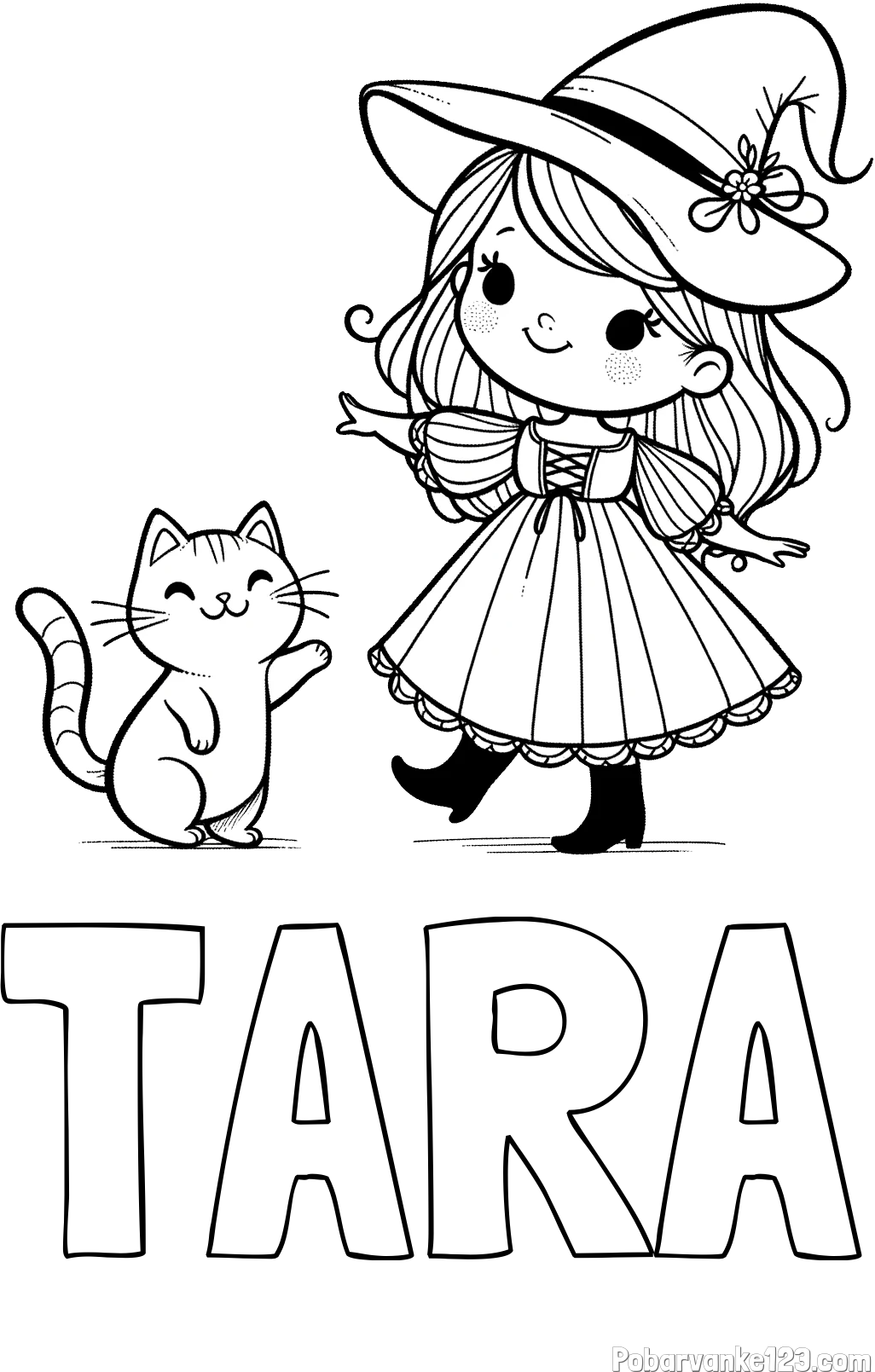 Pobarvanka imena TARA in pobarvanka ljubke čarovnice ter podrednega mačka