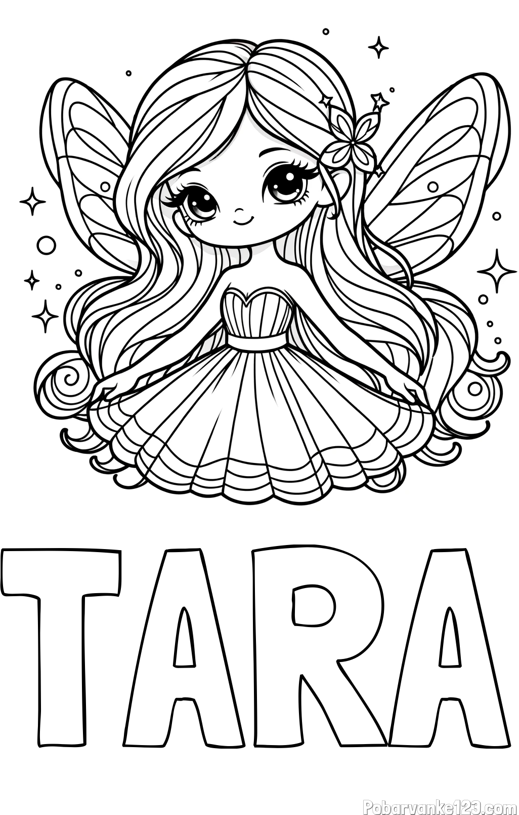 Pobarvanka imena TARA in pobarvanka ljubke in nasmejane čarobne vile
