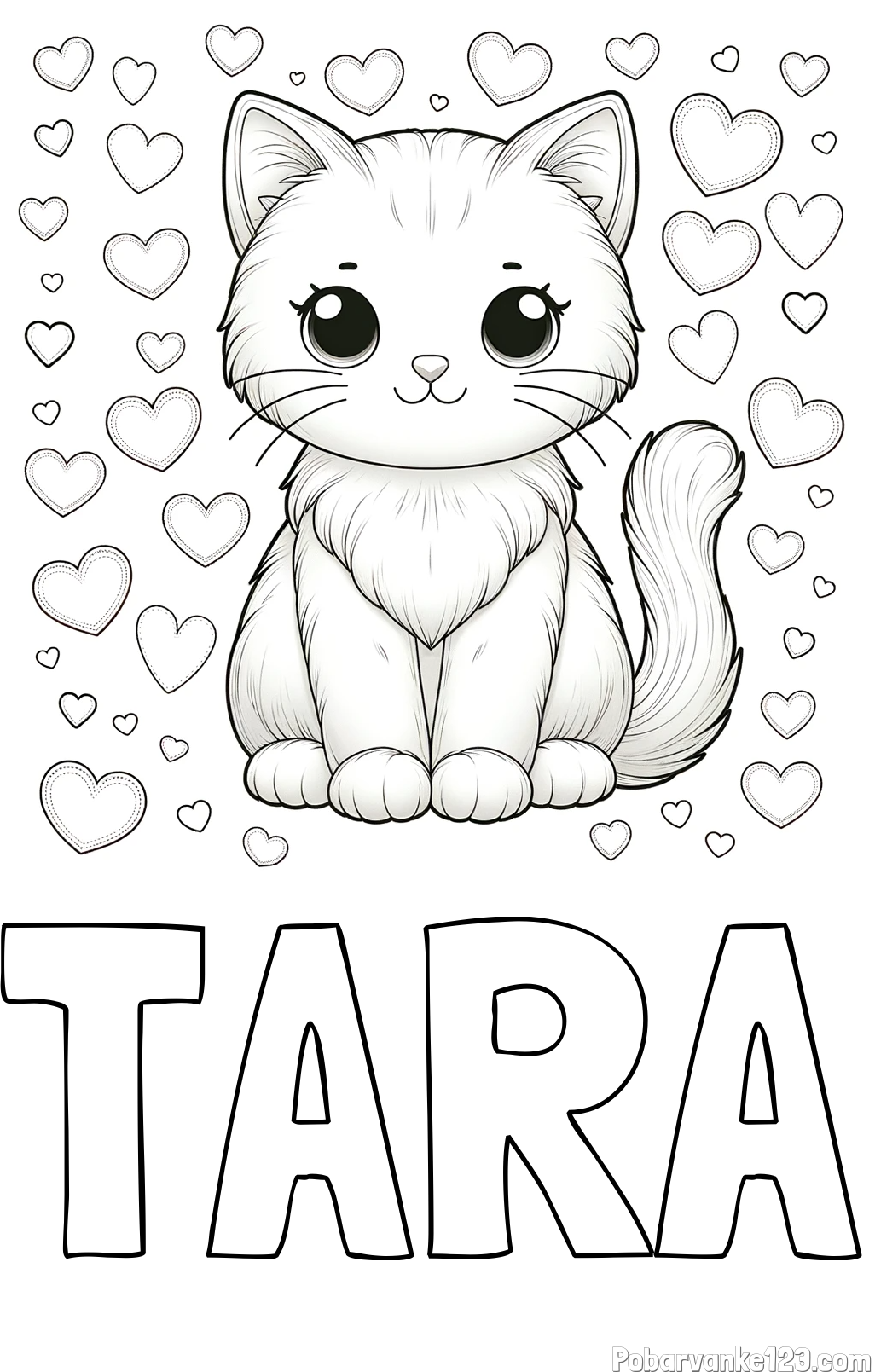 Pobarvanka imena TARA in pobarvanka ljubke mucke obdane s srčki