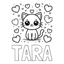 Pobarvanka imena TARA in pobarvanka ljubke mucke obdane z veliko srčki