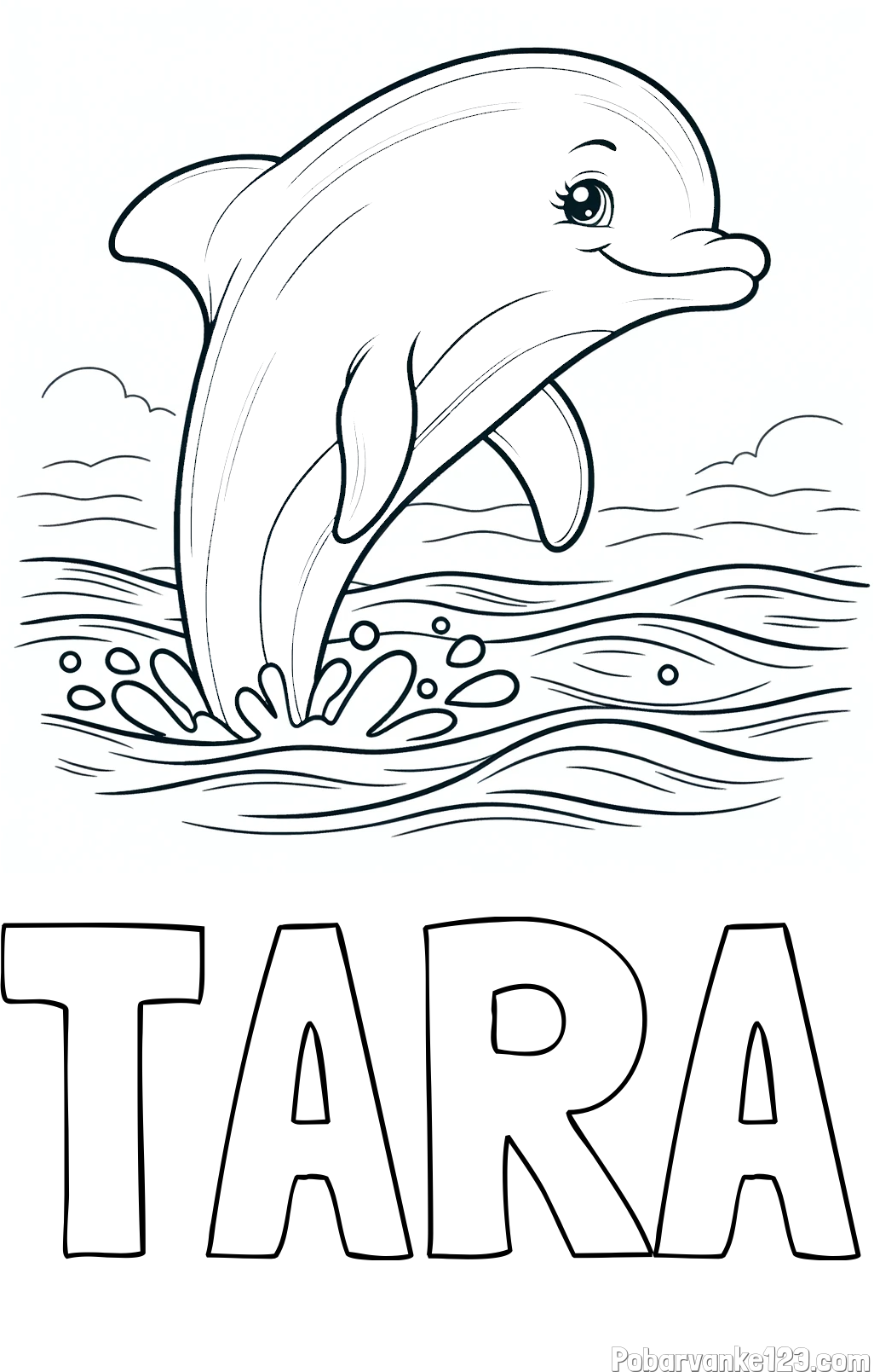 Pobarvanka imena TARA in pobarvanka nasmejanega delfina v  skoku