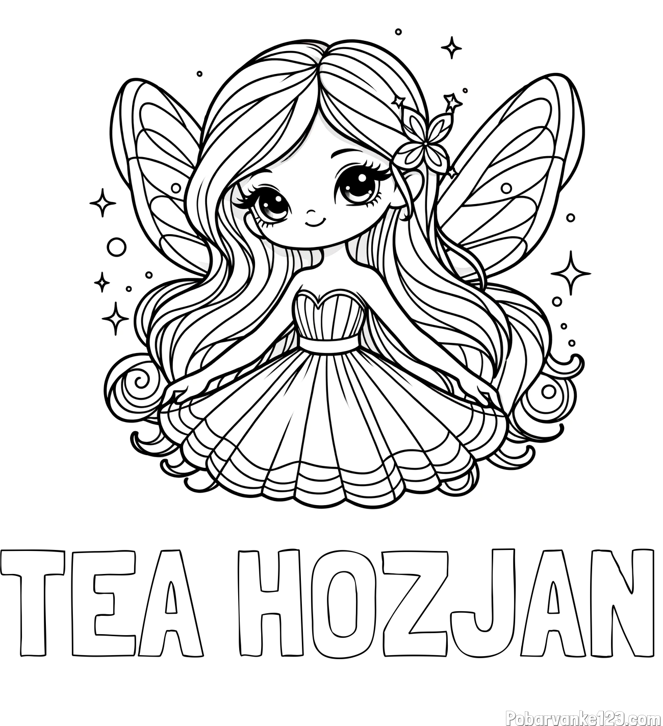 Pobarvanka imena TEA HOZJAN in pobarvanka ljubke in nasmejane čarobne vile