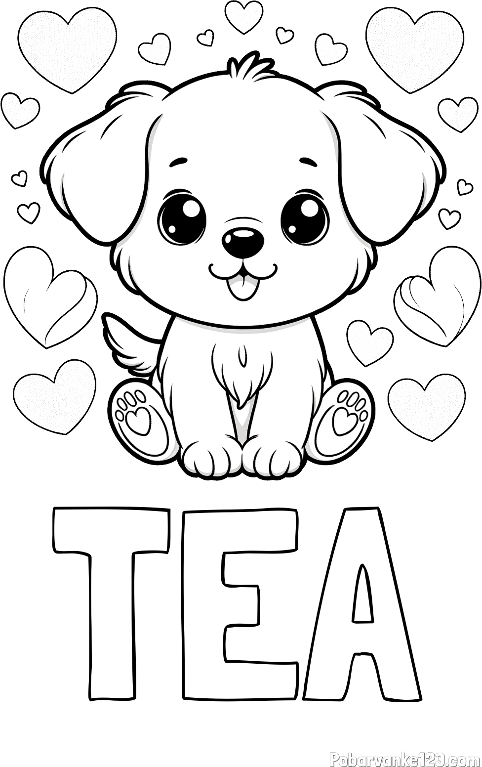 Pobarvanka imena TEA in pobarvanka ljubkega kužka obdanega s srčki