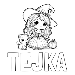 Online izdelana pobarvanka - Pobarvanka imena TEJKA in pobarvanka ljubke čarovnice, muce in buče