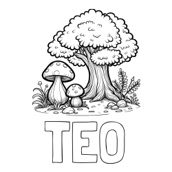 Online izdelana pobarvanka - Pobarvanka imena TEO in pobarvanka velike gobe ob drevesu