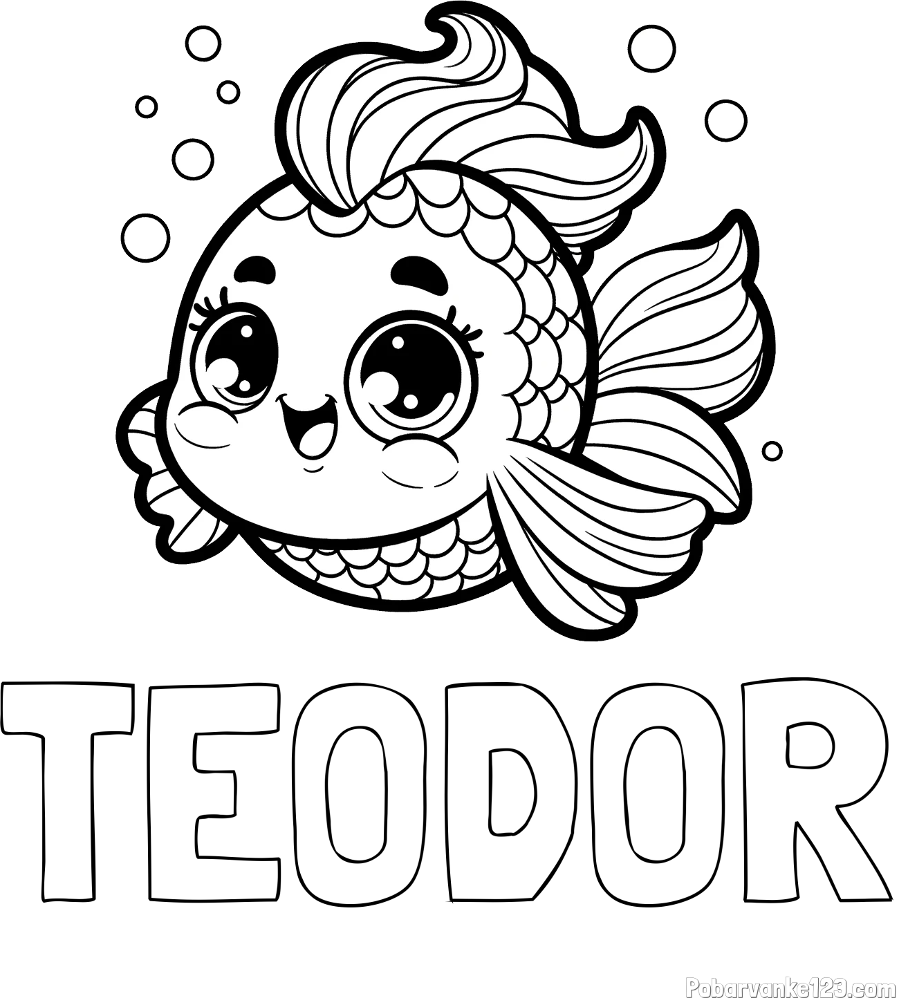 Pobarvanka imena TEODOR in pobarvanka ljubke pravljične ribe