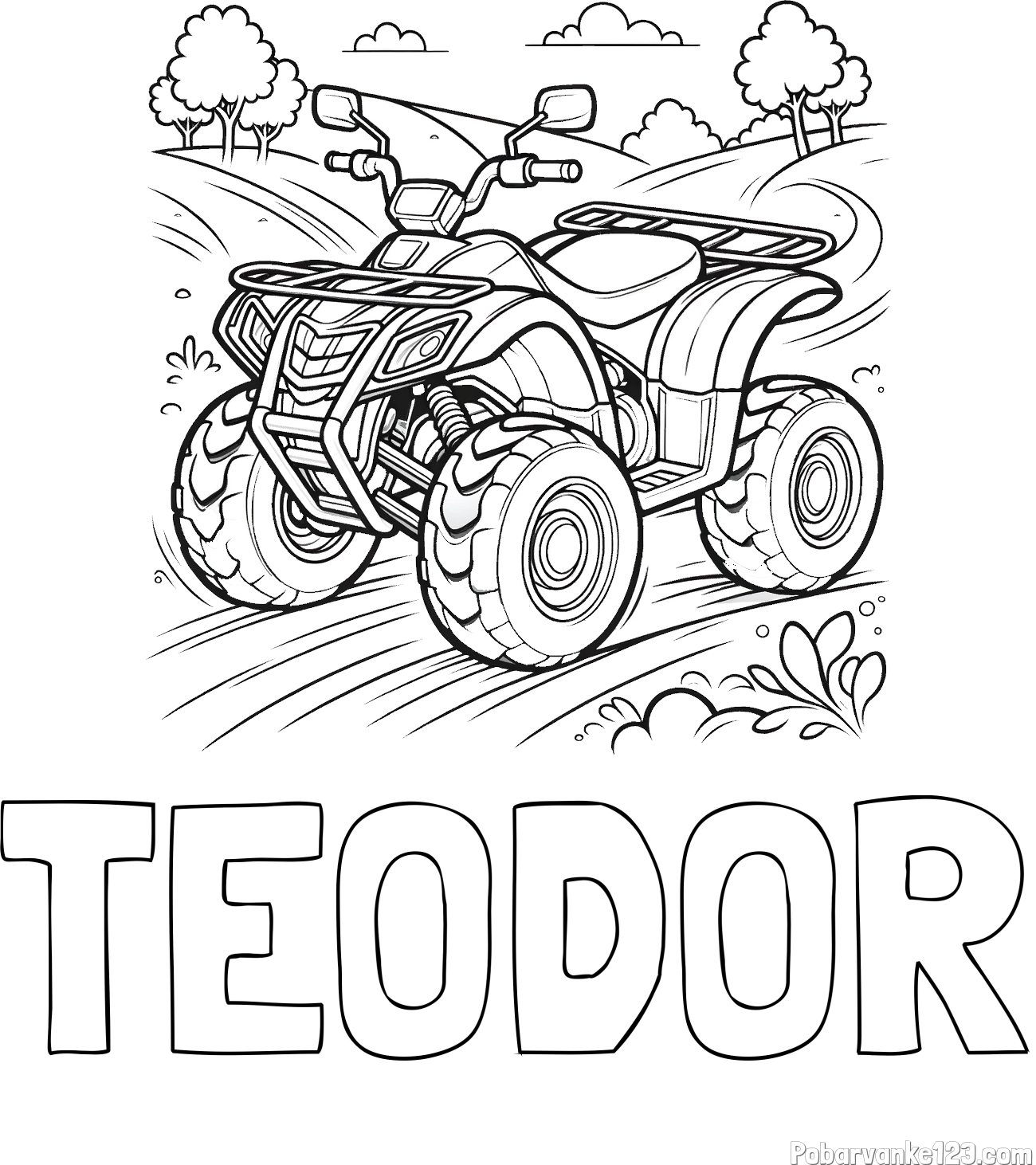 Pobarvanka imena TEODOR in pobarvanka štirikolesnika na cesti