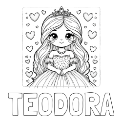 Pobarvanka imena TEODORA in pobarvanka ljubke princese obdane s srčki