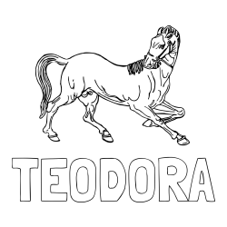 Online izdelana pobarvanka - Pobarvanka imena TEODORA in pobarvanka prikupno razigranega konja