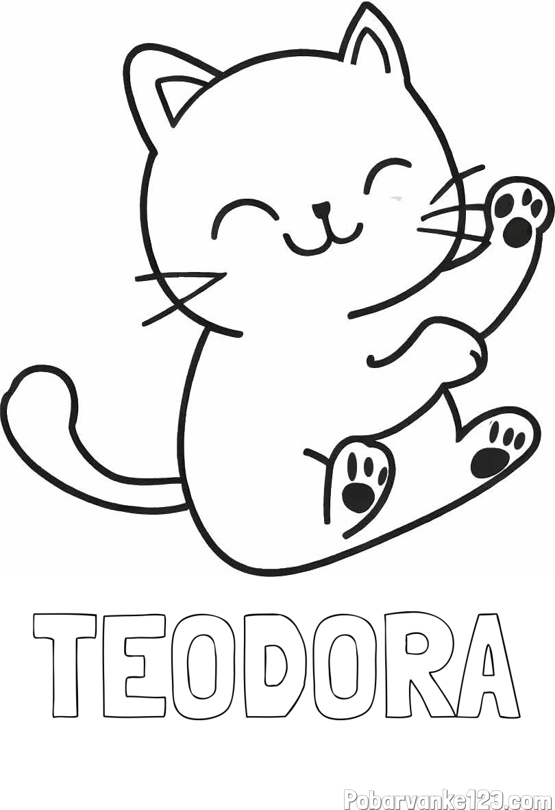 Pobarvanka imena TEODORA in pobarvanka razigranega mucka