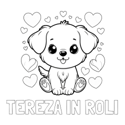 Online izdelana pobarvanka - Pobarvanka imena TEREZA IN ROLI in pobarvanka ljubkega kužka obdanega s srčki