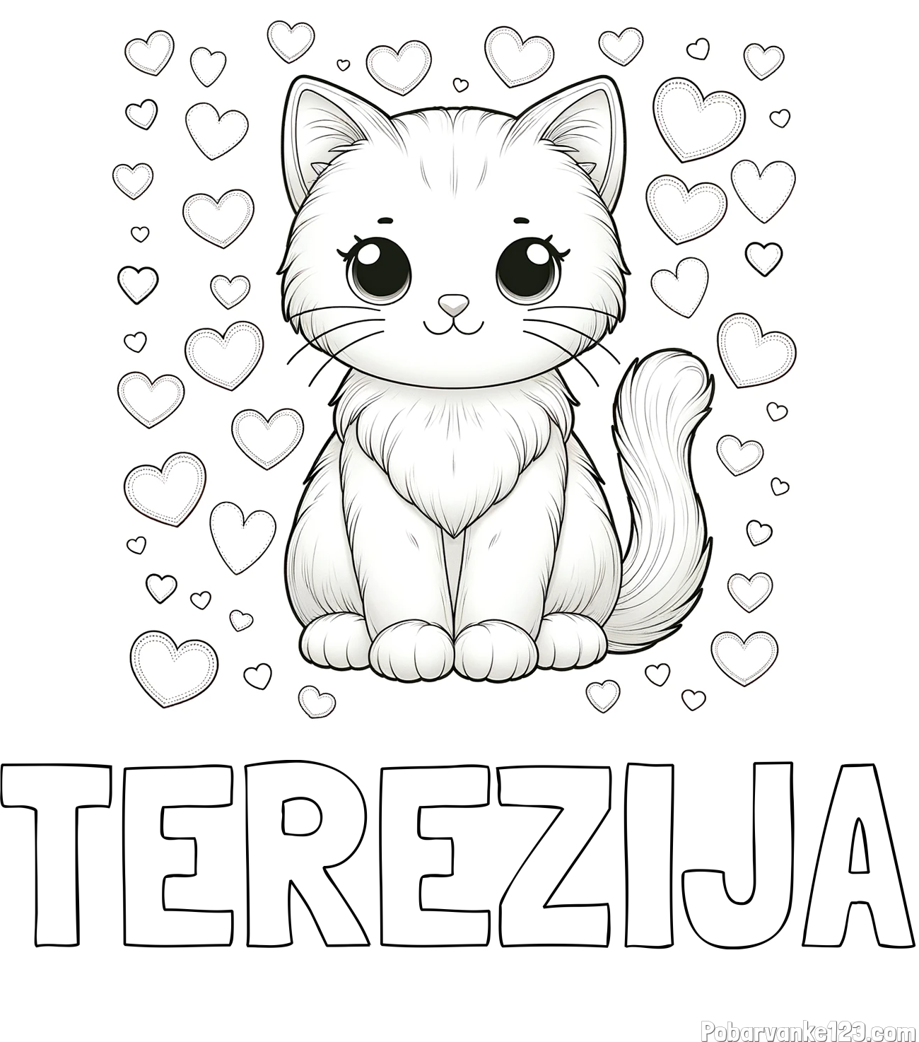 Pobarvanka imena TEREZIJA in pobarvanka ljubke mucke obdane s srčki