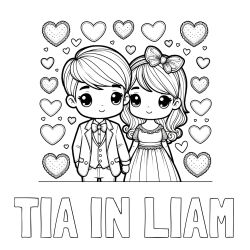 Online izdelana pobarvanka - Pobarvanka imena TIA IN LIAM in pobarvanka dveh zaljubljencev s srčki