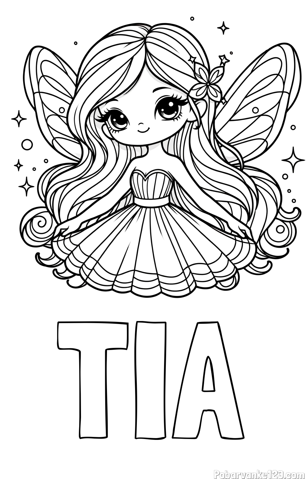 Pobarvanka imena TIA in pobarvanka ljubke in nasmejane čarobne vile