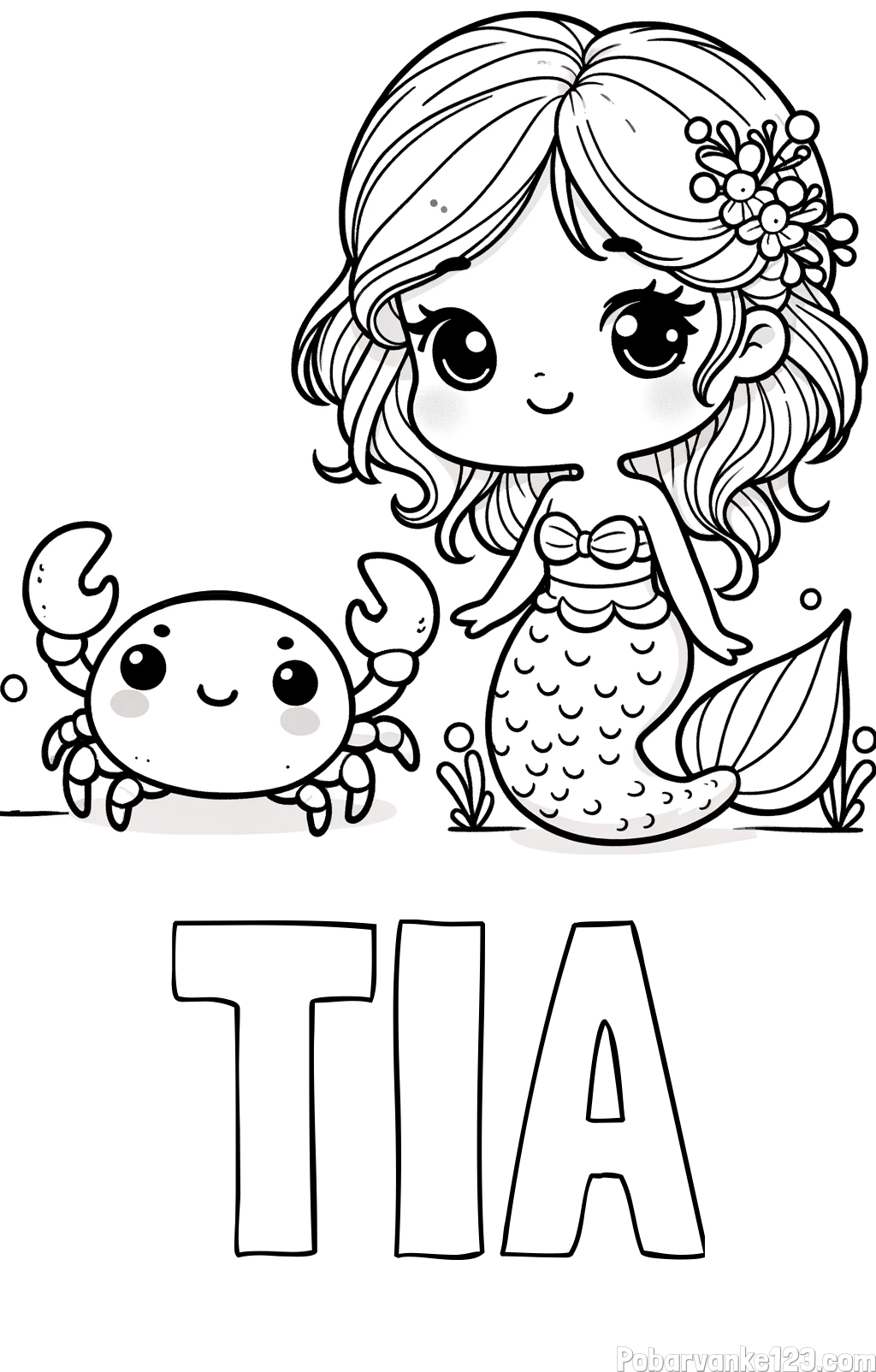 Pobarvanka imena TIA in pobarvanka ljubke morske deklice in veselega raka