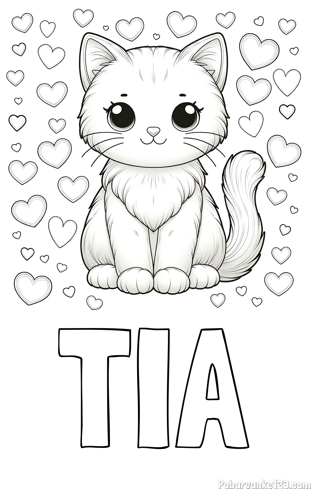 Pobarvanka imena TIA in pobarvanka ljubke mucke obdane s srčki