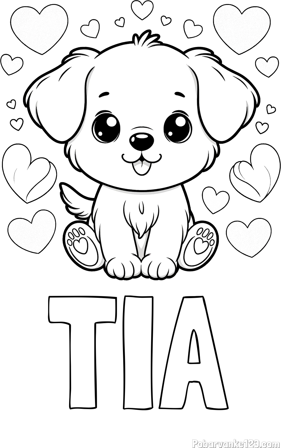 Pobarvanka imena TIA in pobarvanka ljubkega kužka obdanega s srčki