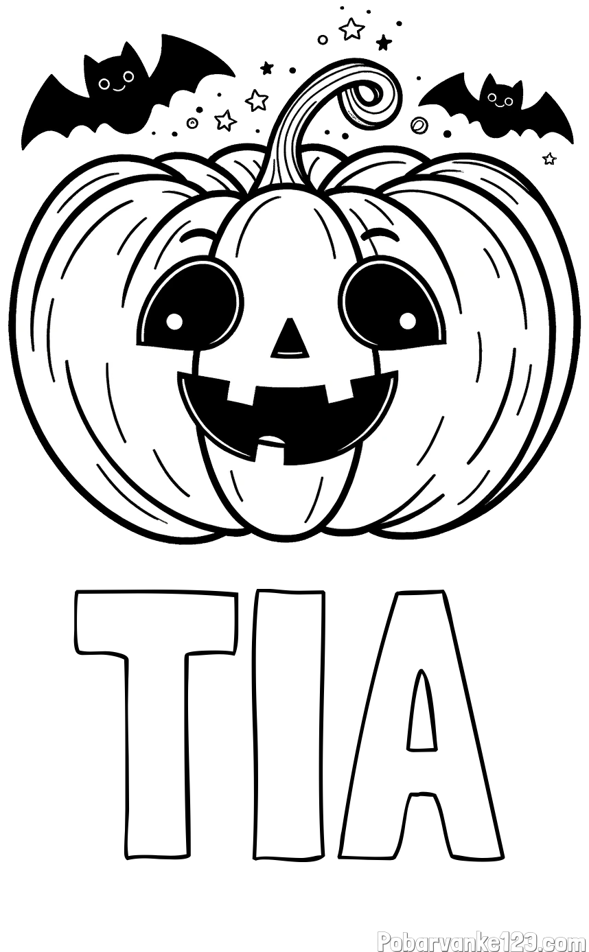 Pobarvanka imena TIA in pobarvanka nasmejane buče ter dveh netopirjev za noč čarovnic