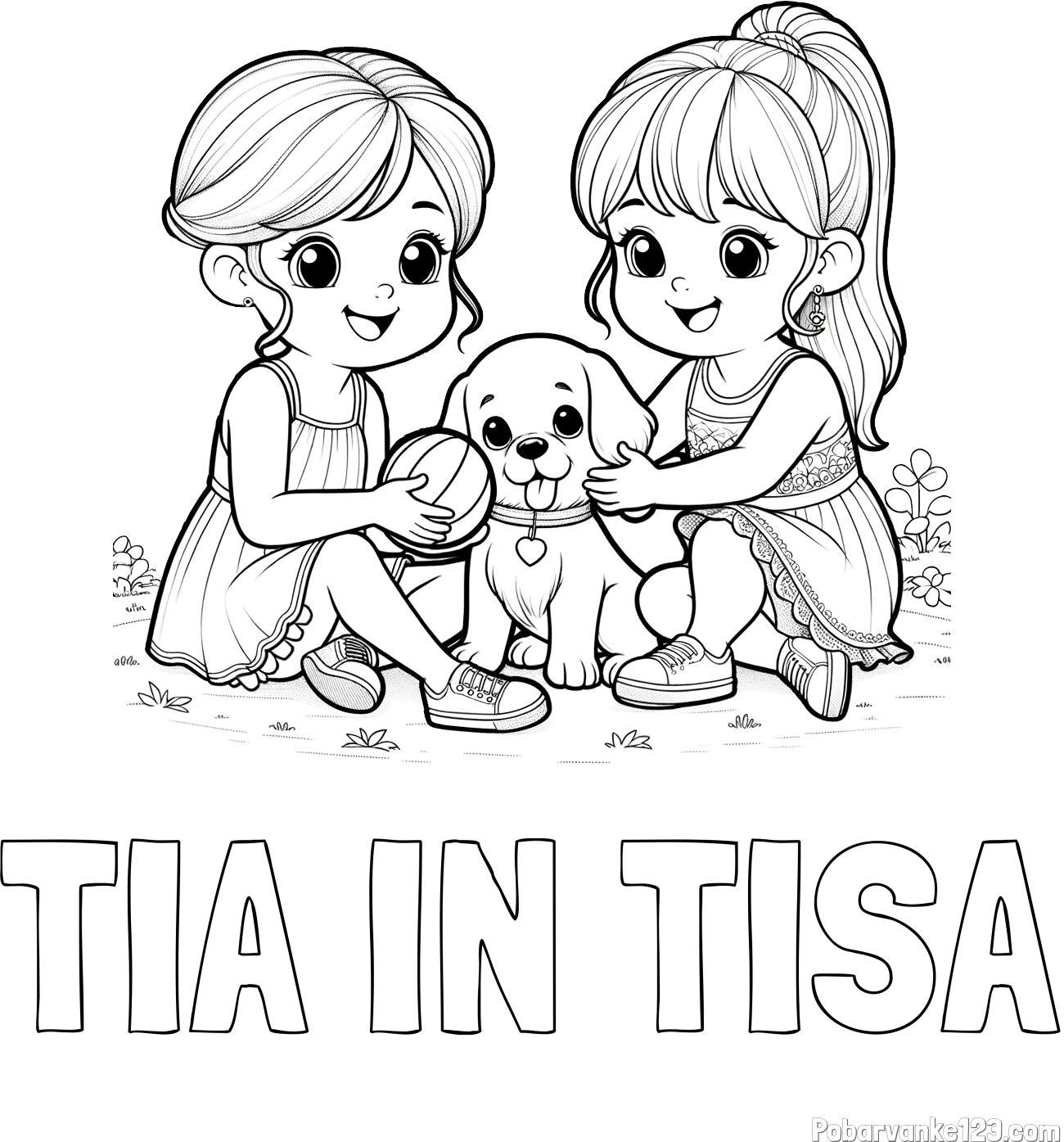 Pobarvanka imena TIA IN TISA in pobarvanka prijateljic s kužkom