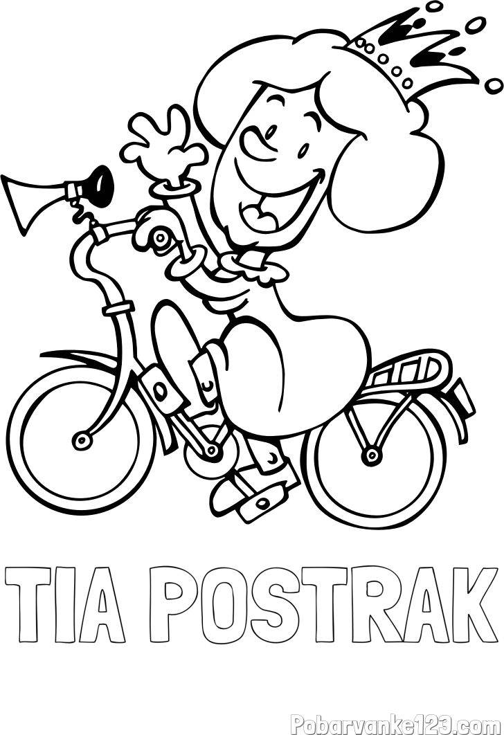 Pobarvanka imena TIA POŠTRAK in pobarvanka nasmejane kraljične na kolesu
