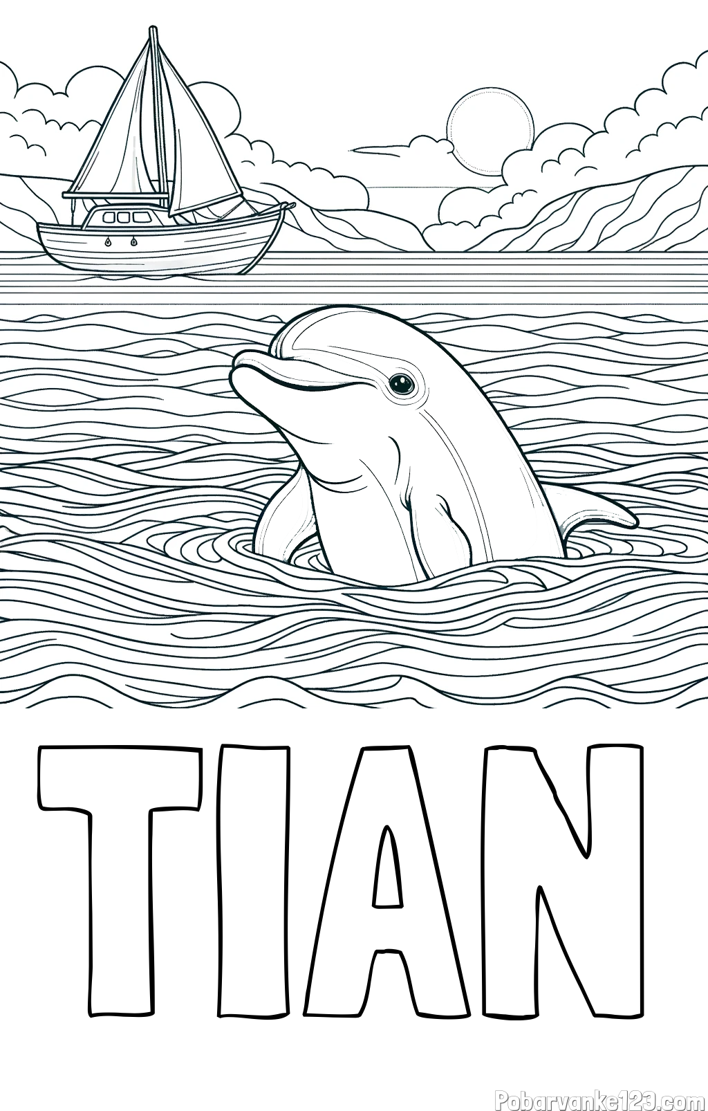 Pobarvanka imena TIAN in pobarvanka delfina v morju ter jadrnice
