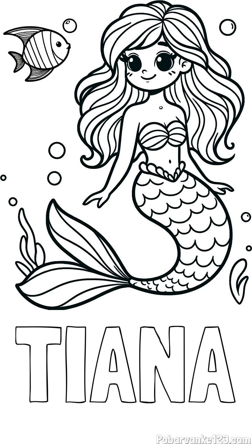 Pobarvanka imena TIANA in pobarvanka male morske deklice in ribice