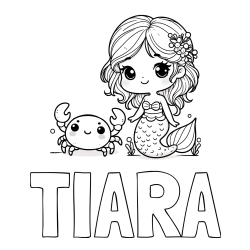 Pobarvanka imena TIARA in pobarvanka ljubke morske deklice in veselega raka