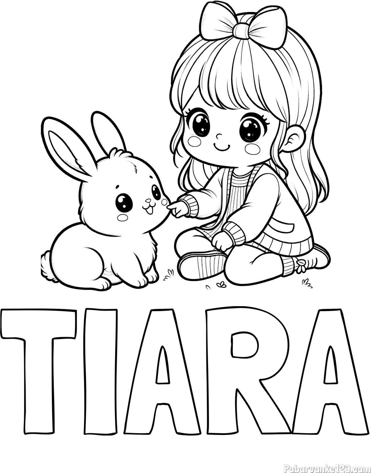 Pobarvanka imena TIARA in pobarvanka ljubke punčke, ki se igra z zajčkom