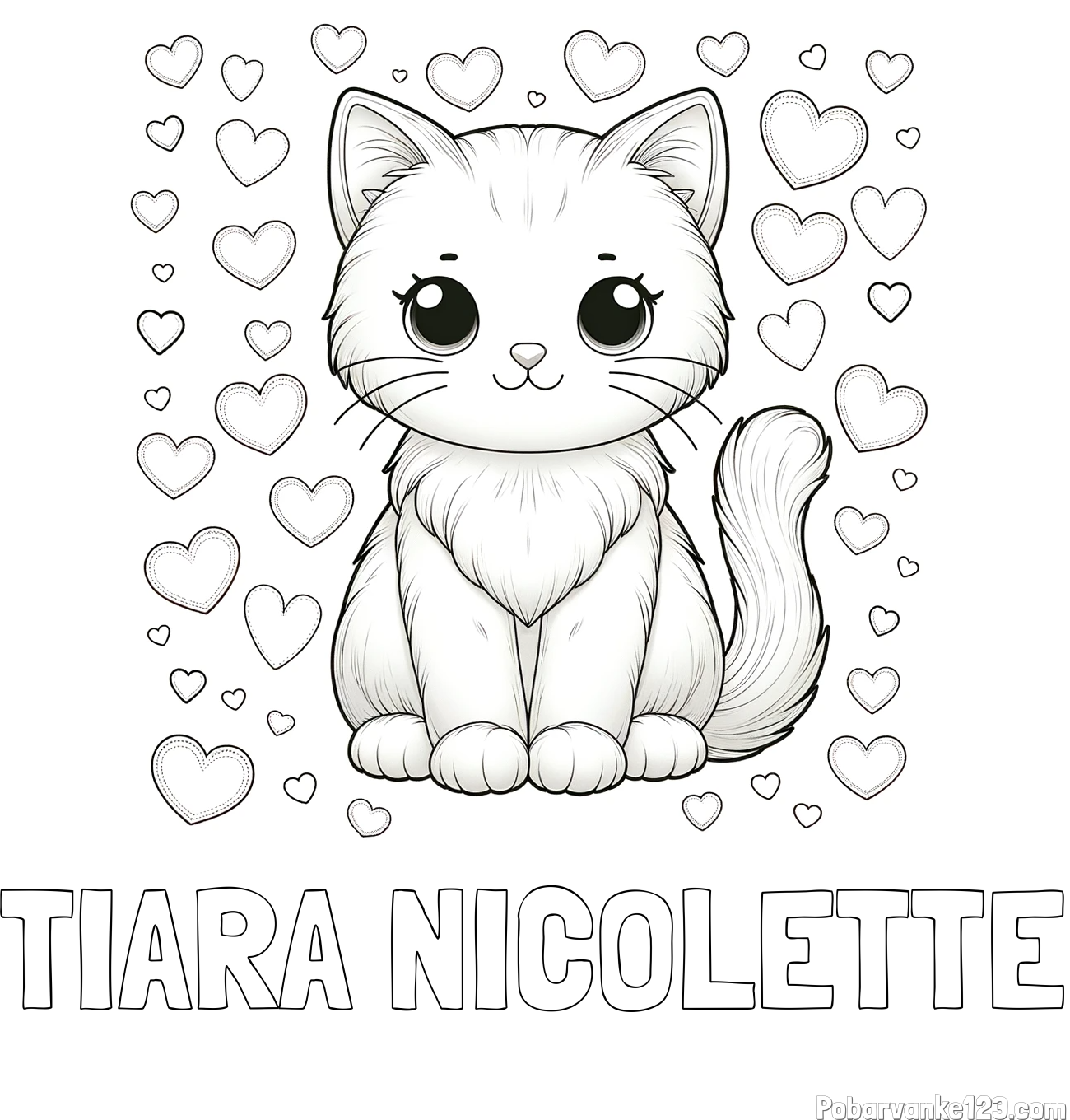 Pobarvanka imena TIARA NICOLETTE in pobarvanka ljubke mucke obdane s srčki