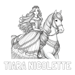 Online izdelana pobarvanka - Pobarvanka imena TIARA NICOLETTE in pobarvanka nasmejana princese na konju