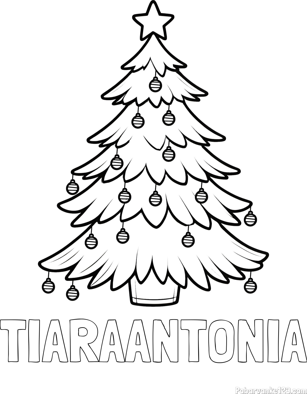 Pobarvanka imena TIARAANTONIA in pobarvanka božične jelke z božično zvezdico in bunkicami