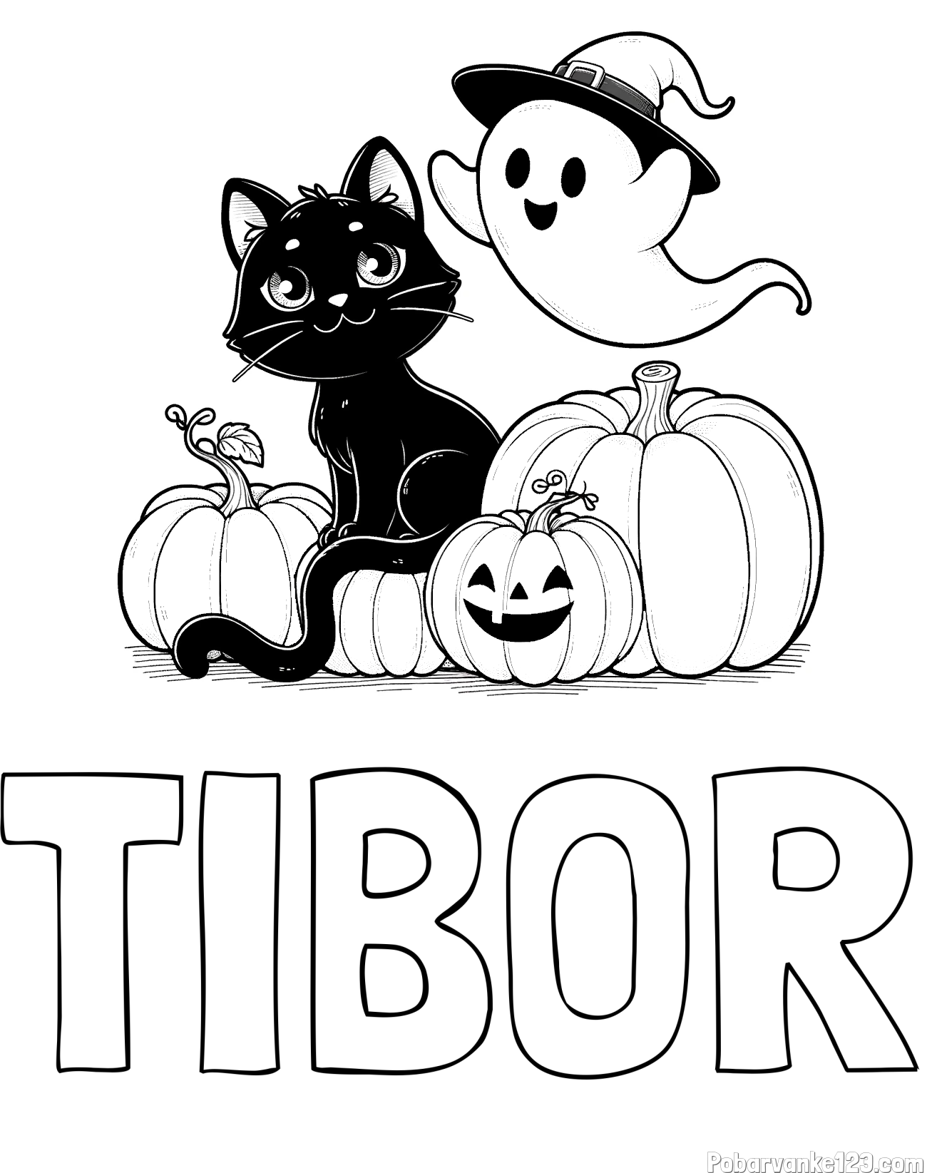 Pobarvanka imena TIBOR in pobarvanka prijaznega duhca, črne mačke ter buč za noč čarovnic