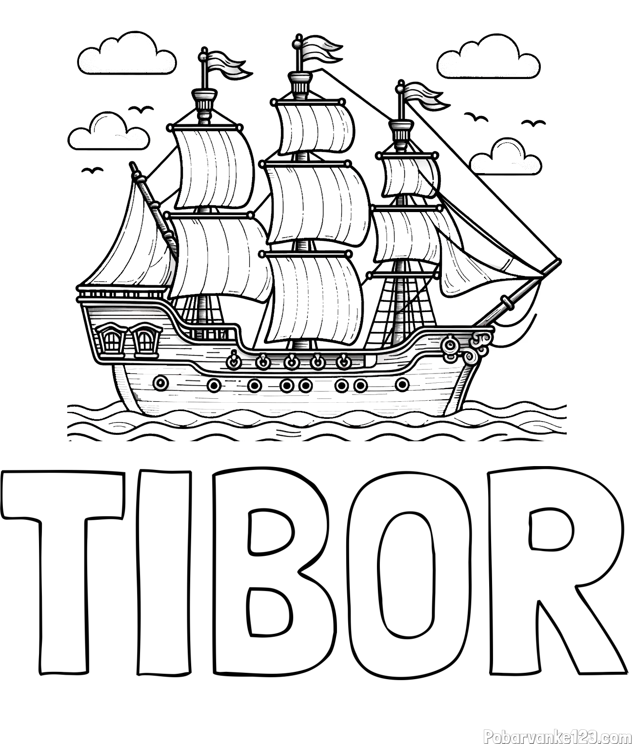 Pobarvanka imena TIBOR in pobarvanka stare gusarske ladje