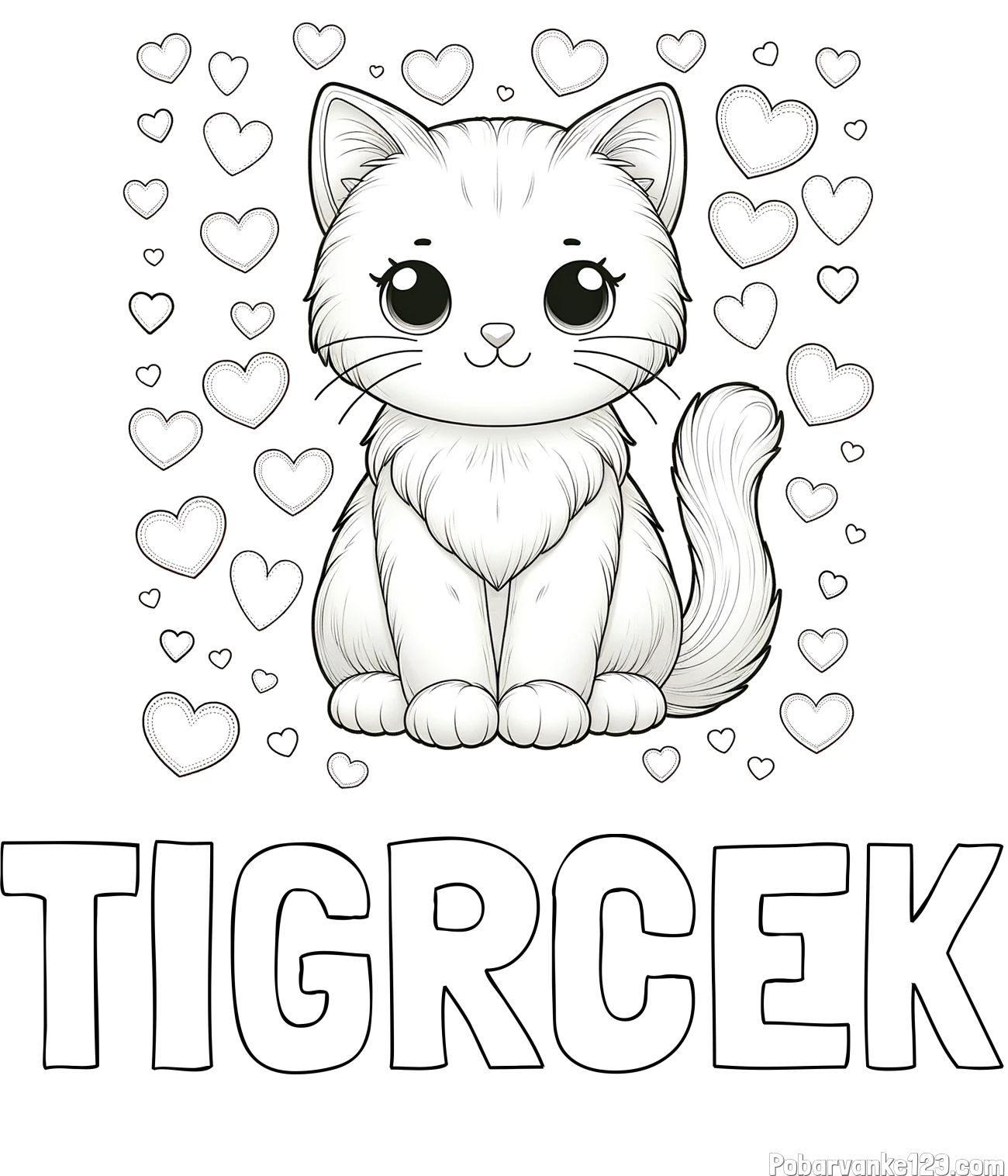 Pobarvanka imena TIGRČEK in pobarvanka ljubke mucke obdane s srčki